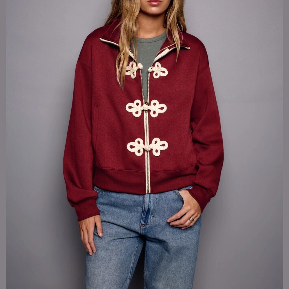 Burgundy Frog Closure Zip Up Collared Track Jacket with Ivory Cream Trim